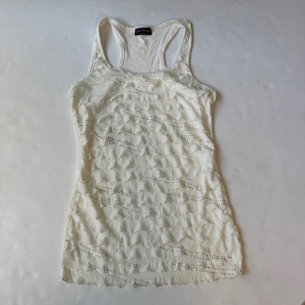 Love Kisses USA White Ruffle Sequin Tank Top Y2K McBling Tuscan Mom Medium